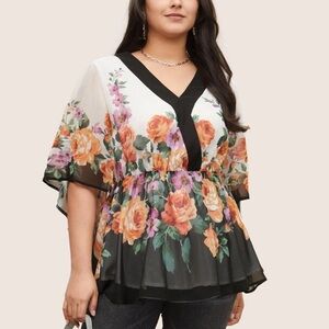 BloomChic Plus Size 2XL Floral Contrast Trim Elastic Waist Flutter Sleeve Blouse